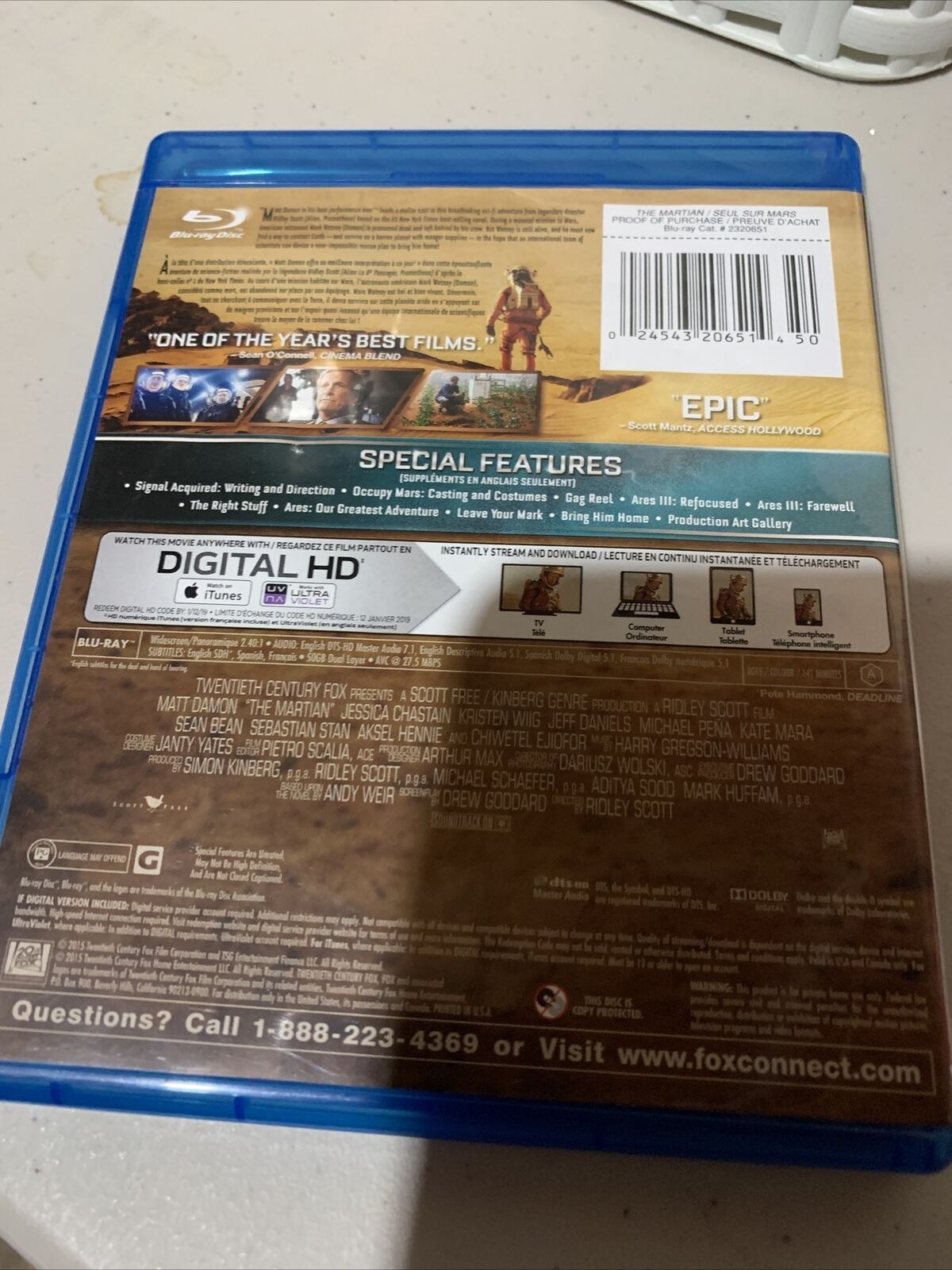 The Martian (Blu-ray Disc, 2016, Canadian)